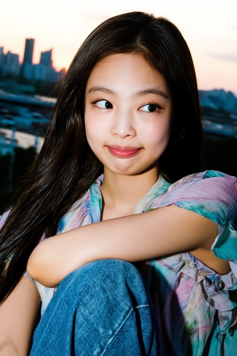 Portraiture of Jennie Kim,  a vibrant and lively young girl,  set against a backdrop of a bustling cityscape at sunset. Ca...