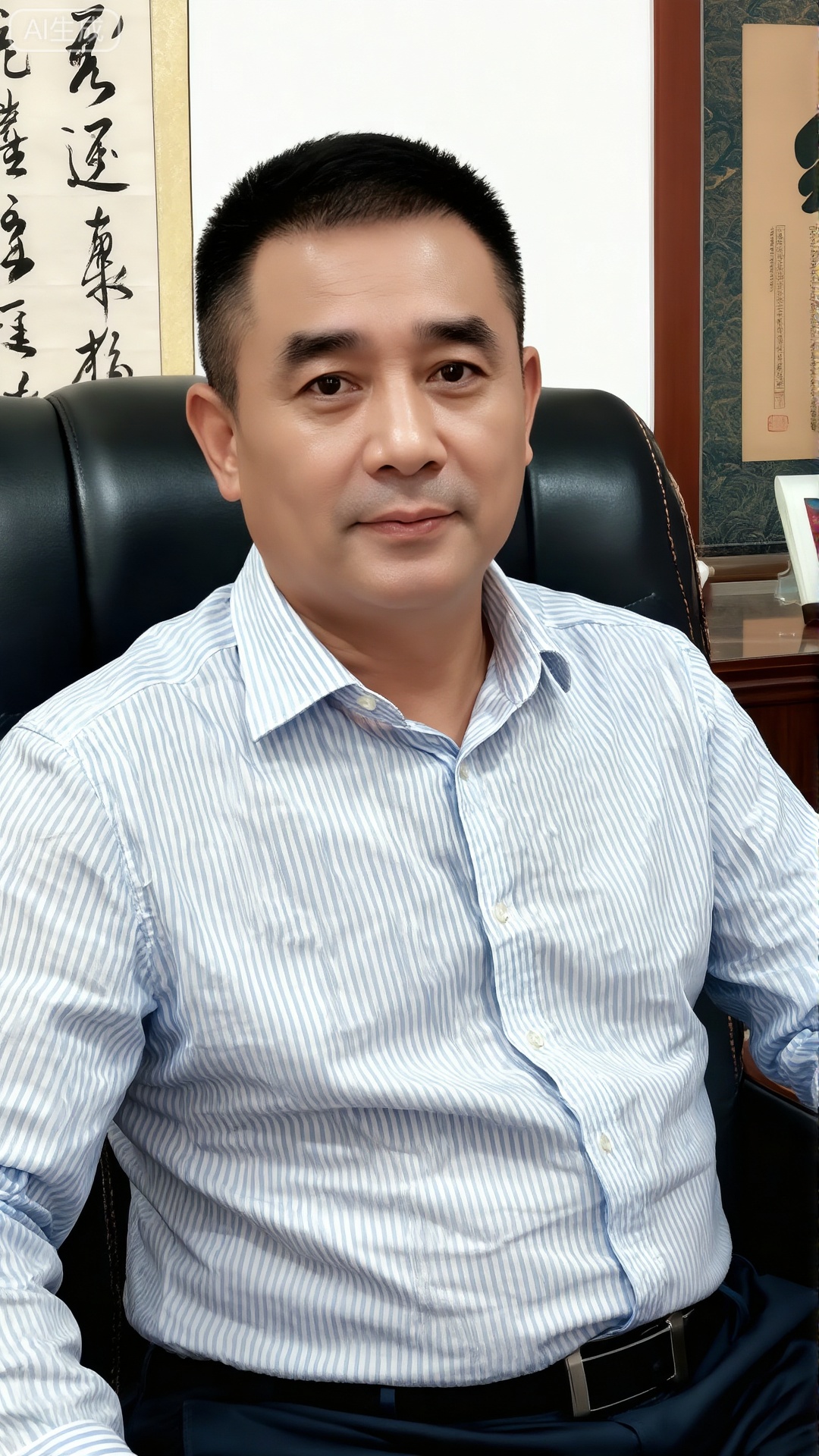 极致细节,4K壁纸,最高质量,杰作,极致清晰,DY,在中国,
中国男人, 
40岁左右的中年男性黄伟,气质沉稳内敛,留着短黑发,身着蓝白条纹衬衫,坐在黑色皮质座椅上,背景有带有书法字体的卷轴,整体环境透着文雅气息,光线明亮自然。