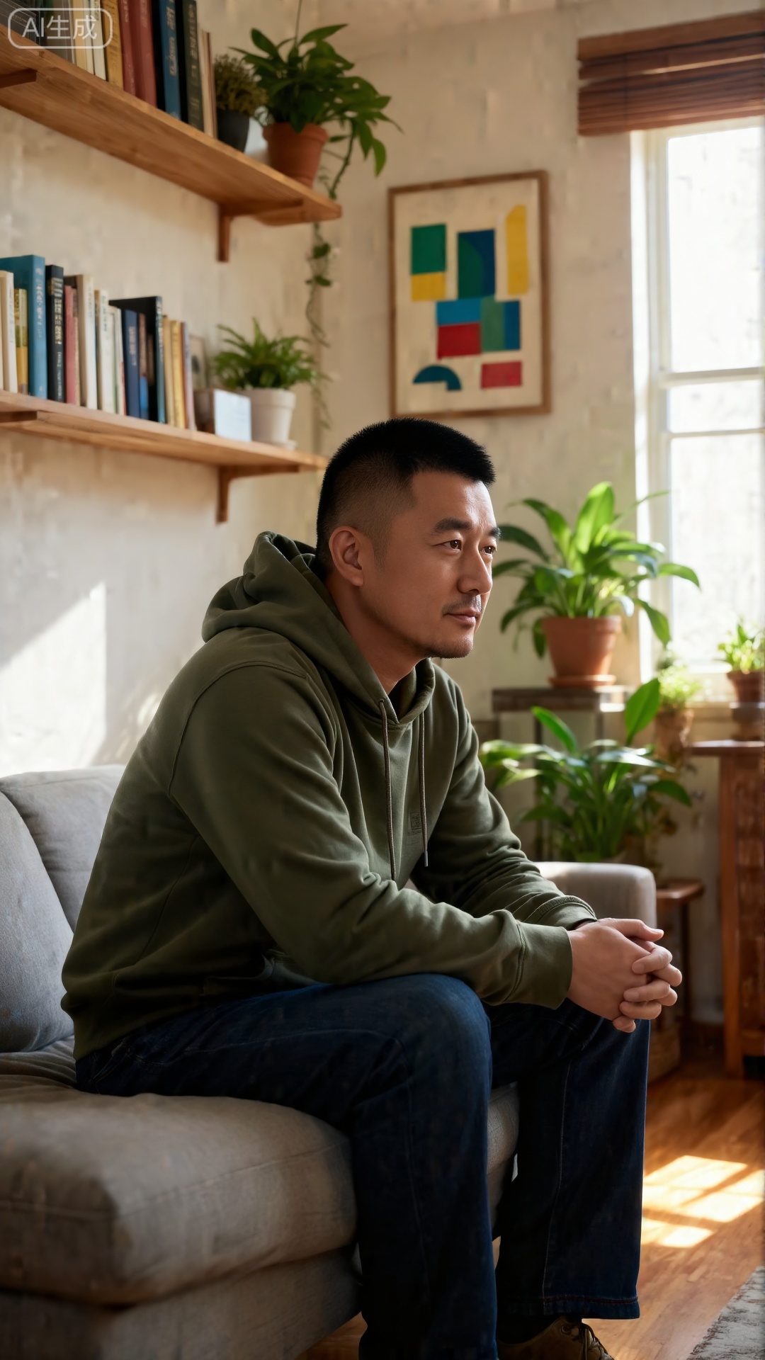 极致细节,4K壁纸,最高质量,杰作,极致清晰,DY,在中国,
中国男人, A man with a crew cut is wearing an olive green hoodie and dark blue jeans, sitting on a light gray sofa. He clasps his hands and rests them quietly on his knees, with a calm look on his side face. In the background, books are neatly arranged on the wooden shelf, with several potted plants and a decorative painting with color geometric sense dotted among them; sunlight pours into the room through the large window, casting warm light and shadow on the floor and furniture, and the whole scene is brimming with a quiet and comfortable homely atmosphere.