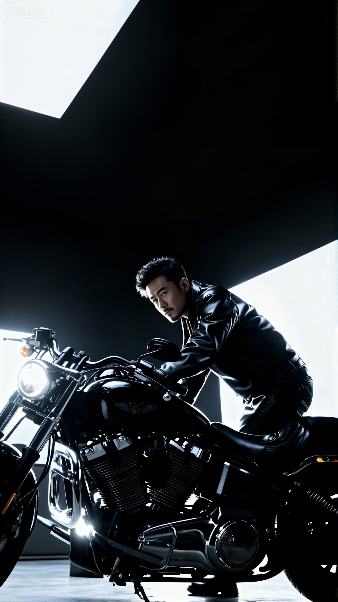 极致细节,4K壁纸,最高质量,杰作,极致清晰,DY,在中国,
中国男性, 面容冷峻,穿着皮质机车服,跨坐在重型机车上的男士。风格为酷炫机车风,光线用强烈的逆光,勾勒出硬朗的轮廓,渲染出冷峻不羁的气场。色彩以黑、银为主,凸显金属质感。构图采用对角线构图,将人物与机车沿对角线分布,增强画面张力。从侧前方低角度仰拍,突出机车与人的高大。相机参数设为大光圈,高速快门定格瞬间,生成高分辨率、质感爆棚的图片,尽显男性的阳刚与霸气。