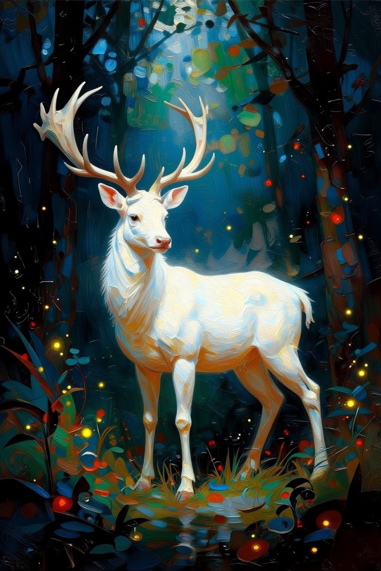 [oil painting of] The image depicts a mystical forest scene with a majestic white deer standing in the center. The deer ha...