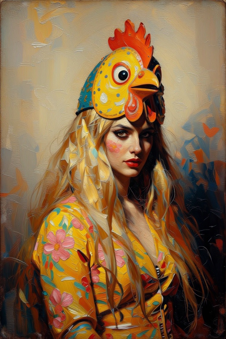 [oil painting of] The image depicts a stylized,  artistic portrait of a young woman with long,  flowing blonde hair. She i...