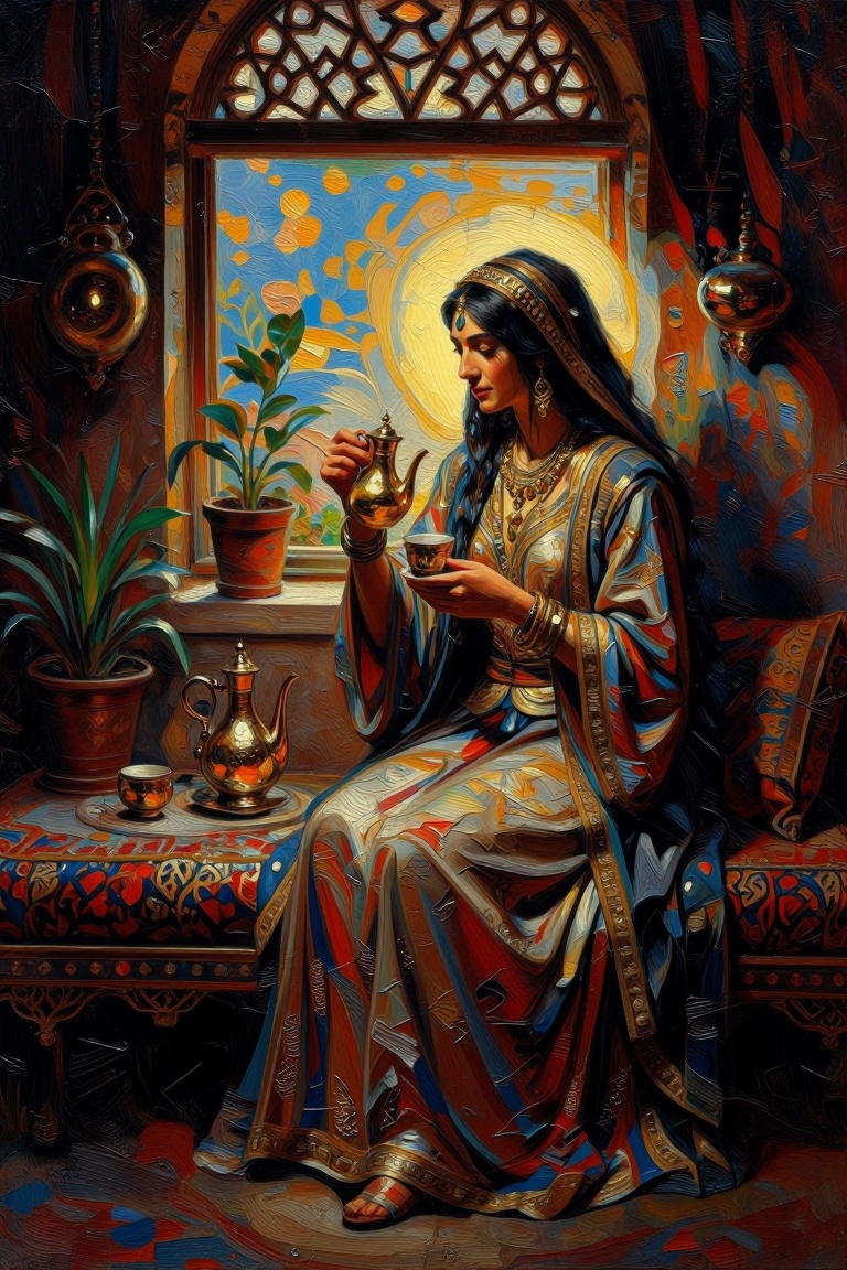 [oil painting of] The image depicts a woman dressed in traditional attire,  sitting on a richly decorated cushion in a roo...