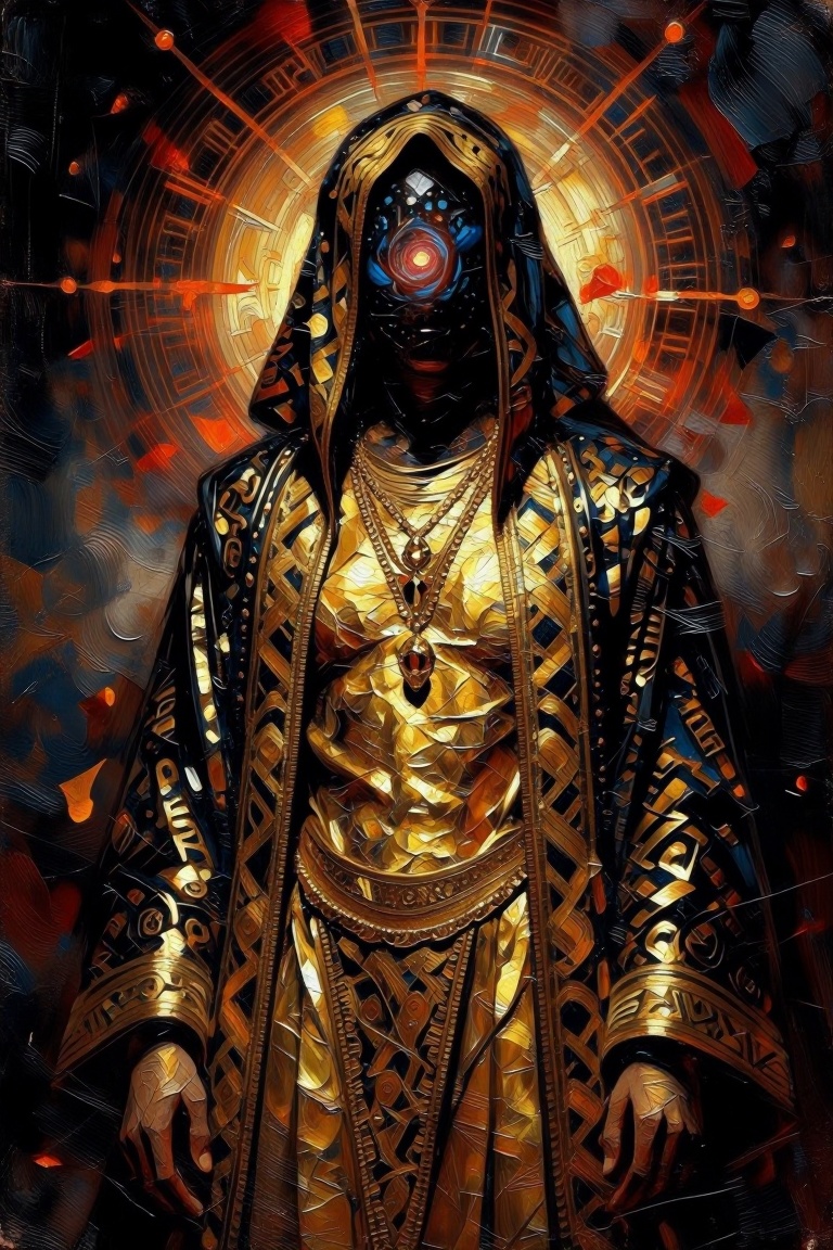 [oil painting of] The image depicts a figure draped in a richly adorned,  golden robe with intricate patterns and designs....