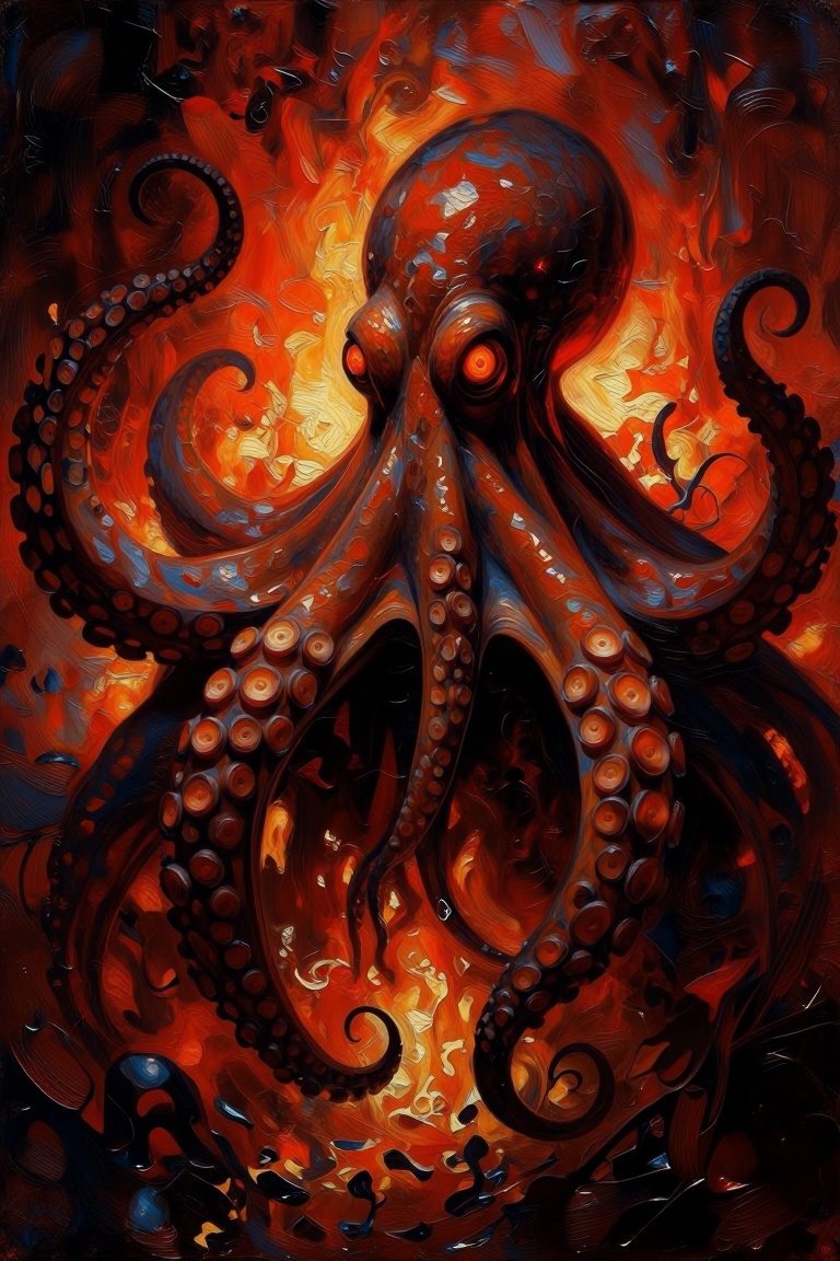 [oil painting of] The image depicts a highly detailed and dramatic scene of a large,  menacing octopus emerging from a fie...
