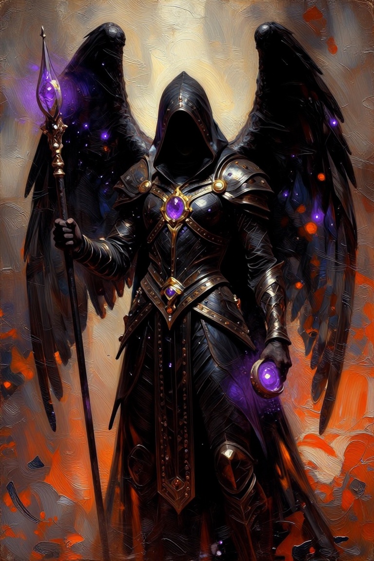 [oil painting of] The image depicts a figure in elaborate,  dark,  and mystical armor. The armor is predominantly black wi...