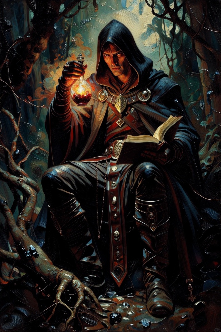 [oil painting of] Create a dark fantasy oil painting featuring a brooding male alchemist-scientist of nature with an inten...