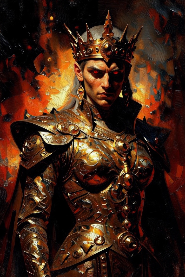 [oil painting of] The image depicts a highly detailed and dramatic character with a regal and intense appearance. The char...