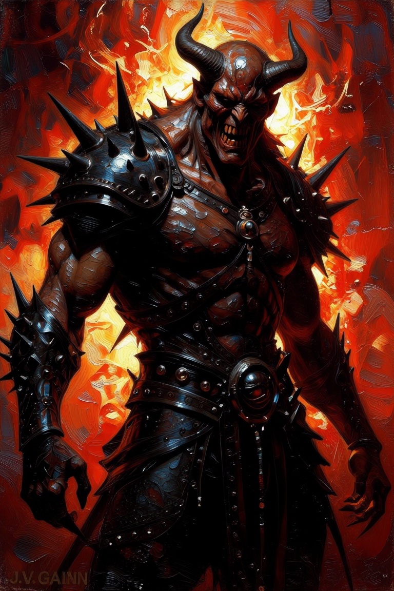 [oil painting of] The image depicts a menacing fantasy character with a grotesque appearance. The character is covered in...