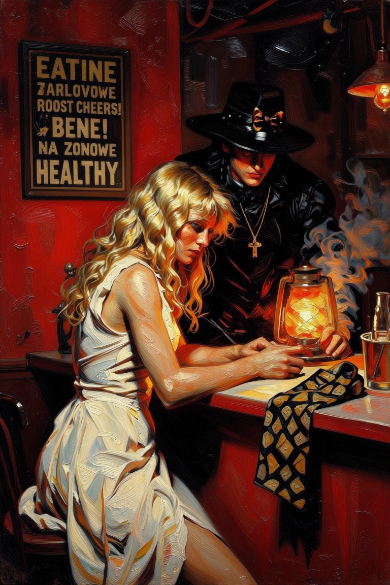 [oil painting of] The image shows two individuals in a room with a red wall. One person is wearing a white sleeveless dres...