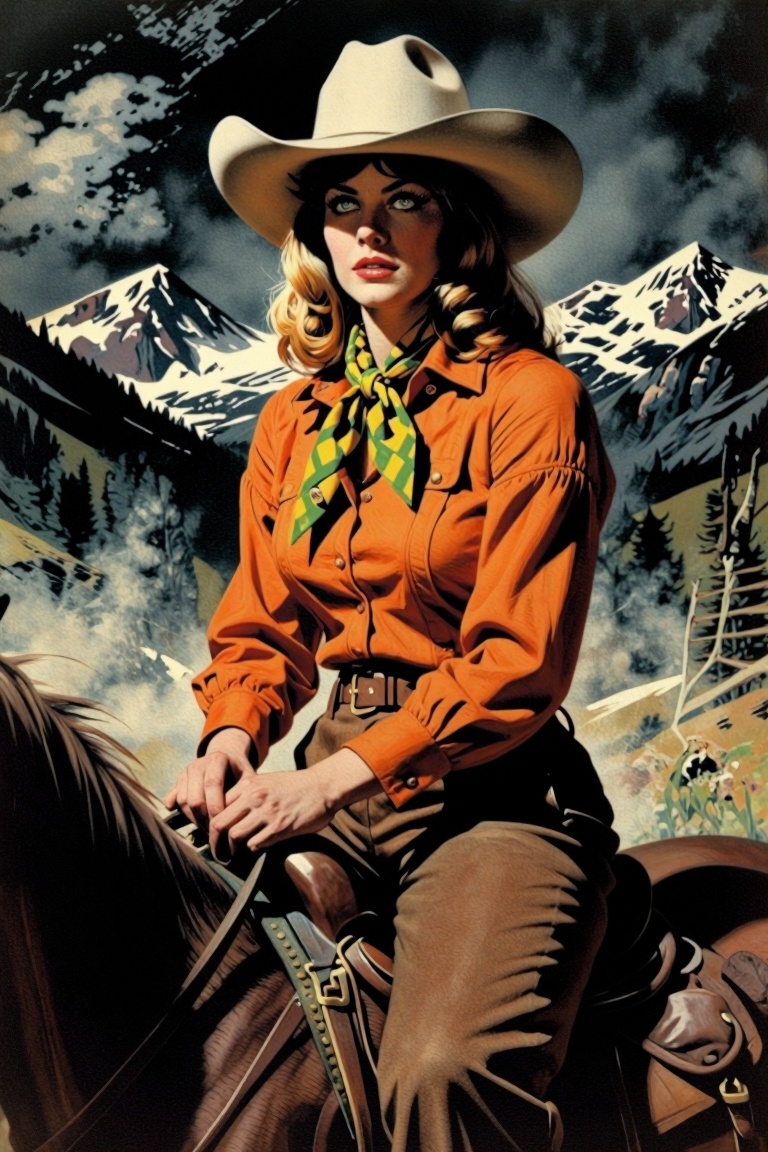 [vintage illustration of] The image depicts a woman dressed in a classic Western outfit,  including a wide-brimmed white h...