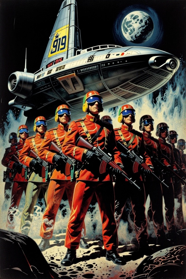 [vintage illustration of] The image depicts a futuristic scene with a large spaceship in the background,  marked with the...