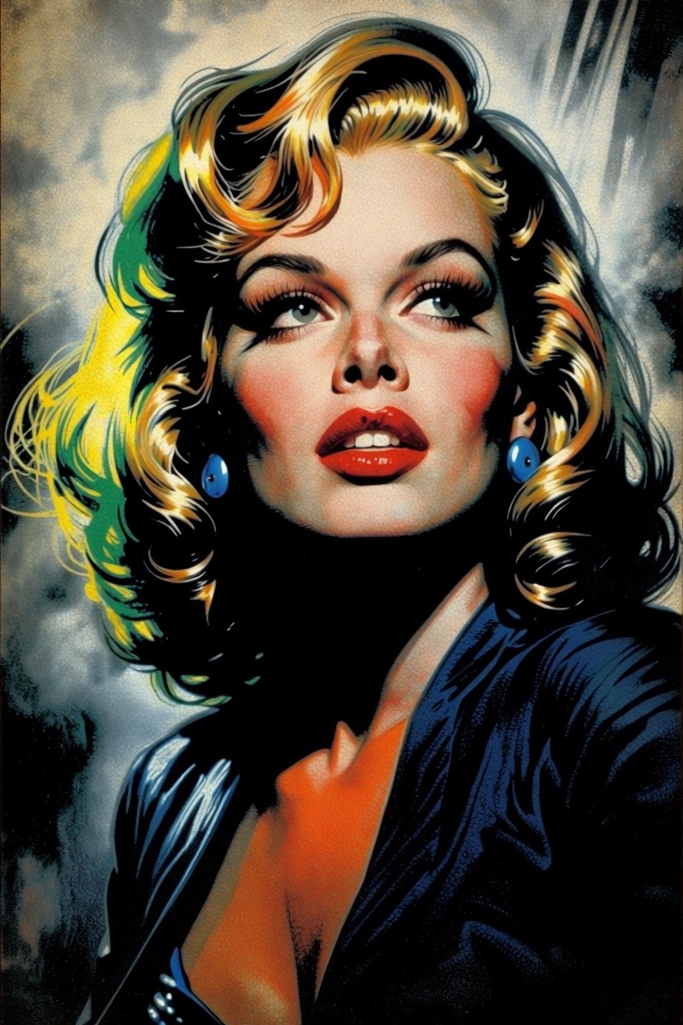 [vintage illustration of] The image depicts a close-up of a woman with blonde hair styled in soft waves. She is wearing la...