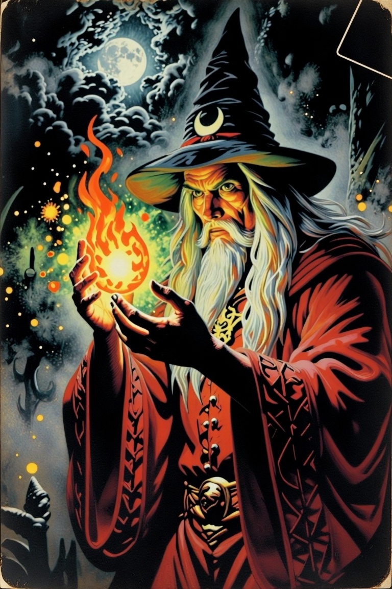 [vintage illustration of] The image depicts a fantastical scene with a wizard-like figure in the foreground. The wizard is...