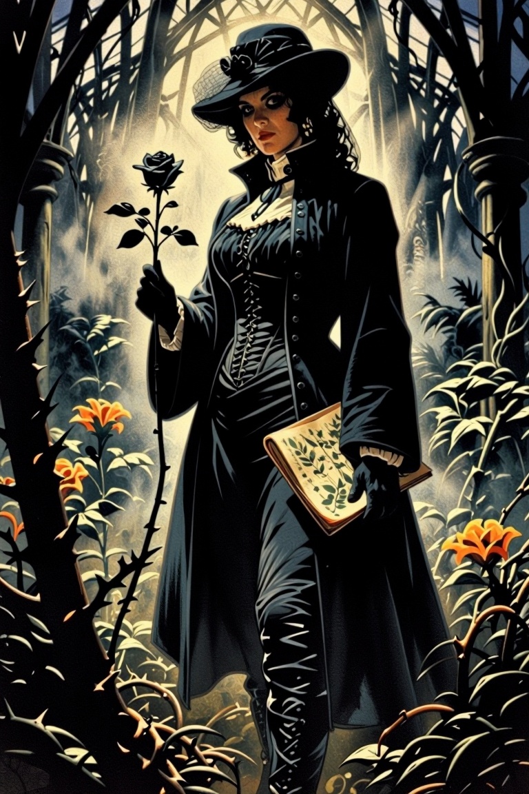 [vintage illustration of] Create a dark fantasy retro vintage illustration featuring a mysterious female shadow botanist w...