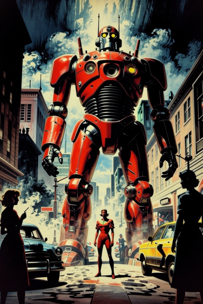 [vintage illustration of] The image depicts a large,  red,  humanoid robot towering over a city street. The robot has a ro...