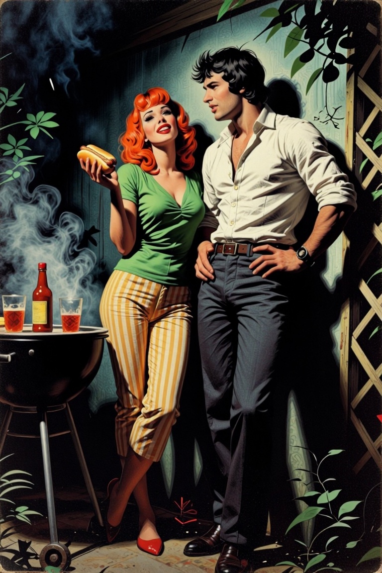 [vintage illustration of] The image depicts a vibrant,  stylized scene of a couple enjoying a moment together. The man is...