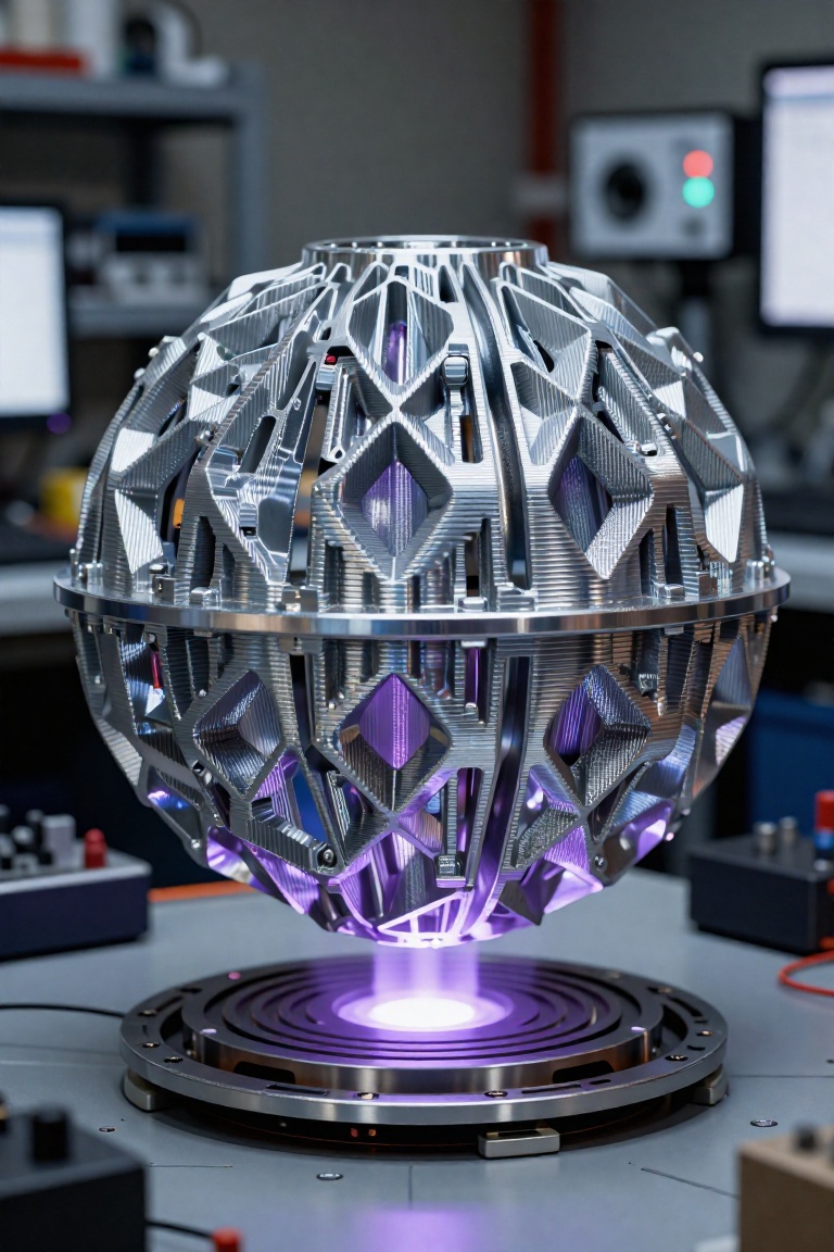 A massive,  3D printed spherical engine core with recursive geometric patterns that defy traditional manufacturing. The st...