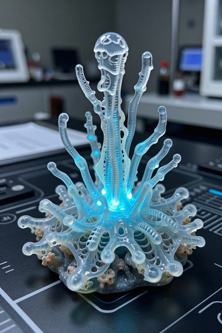 A hyper-detailed 3D printed organic sculpture inspired by deep-sea creatures,  made of translucent bioluminescent resin,...