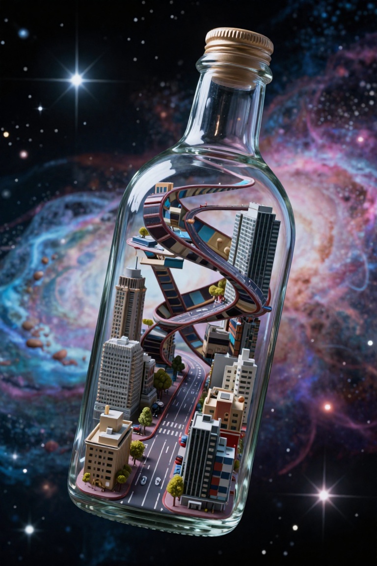 A hyper-realistic image of a glass bottle floating in space,  inside which a miniature city is built on a Mobius strip. Th...
