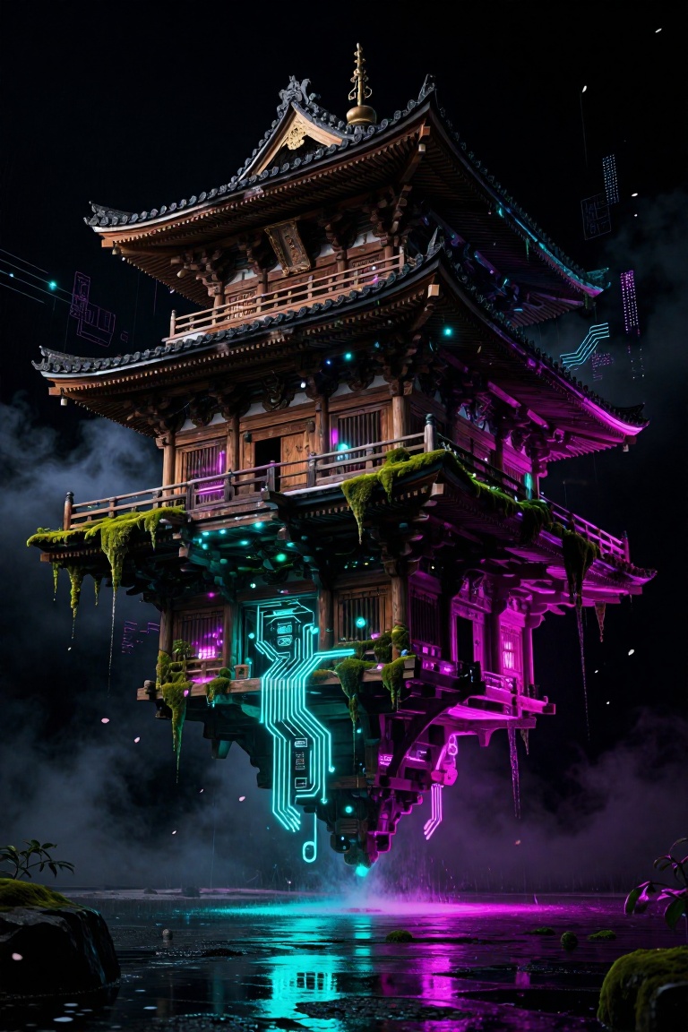 A breathtaking,  surreal fusion of ancient Japanese architecture and cyberpunk dystopia. A majestic,  floating wooden temp...