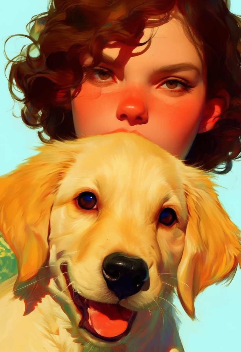 realistic digital illustration,  animaport of a woman with curly brown hair and a golden retriever puppy,  against a pale...