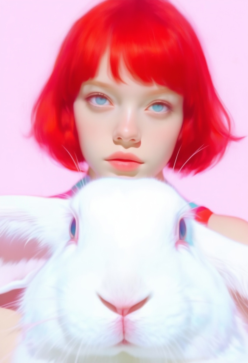 animaport,  portrait of a woman with short red hair and a white rabbit,  against a soft pink background on Tensor.Art