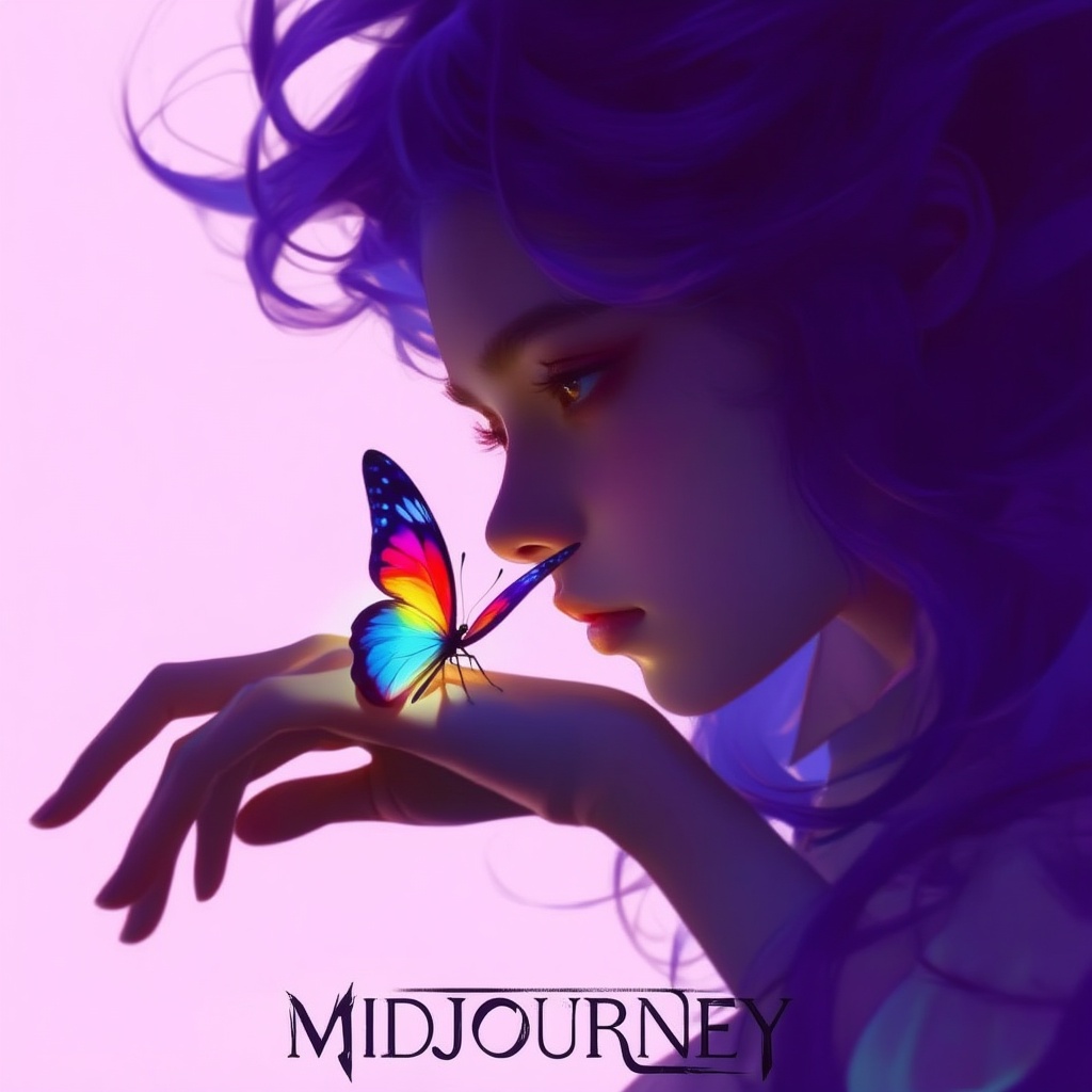 Create a cinematic anime-realism close-up portrait of a woman with flowing violet waves,  looking intently at a glowing mu...