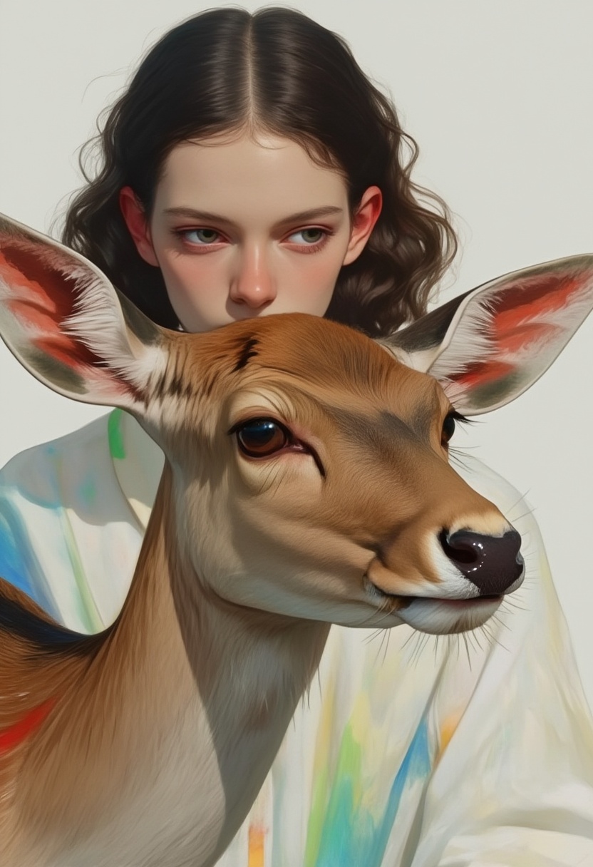 animaport,  portrait of a woman with wavy dark hair and a gentle deer,  set against a light gray background on Tensor.Art