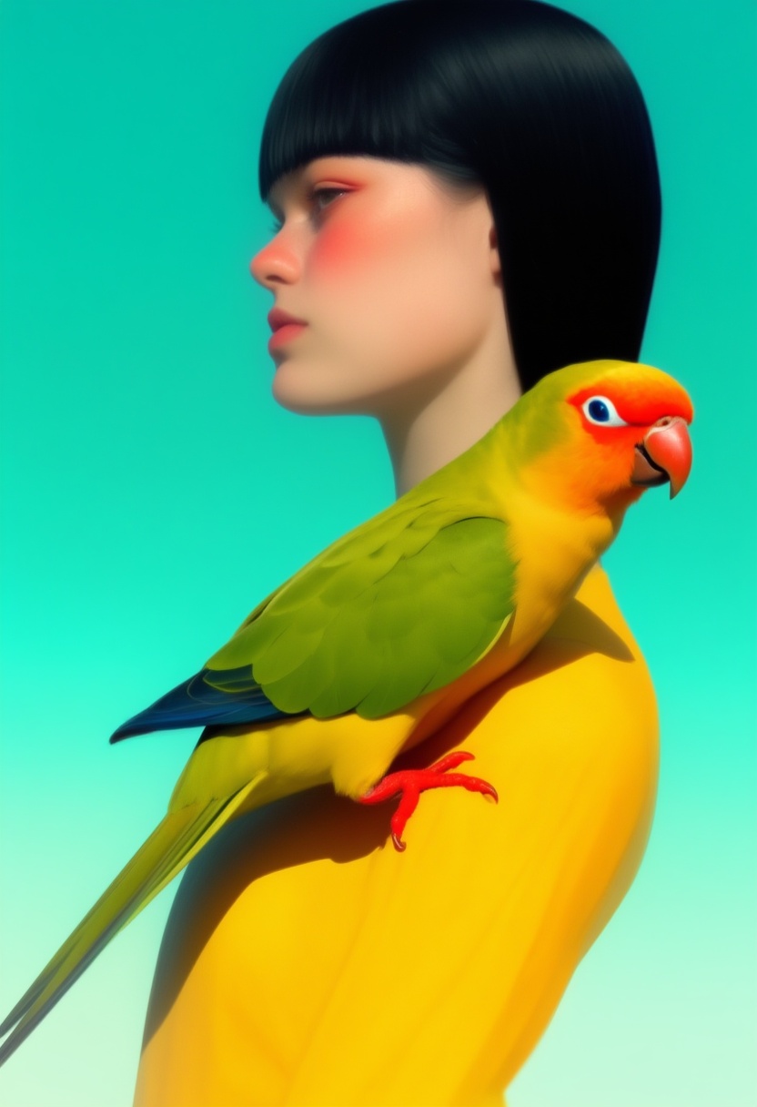 animaport of a woman with sleek black hair and a parrot perched on her shoulder,  against a gradient teal background,  vib...