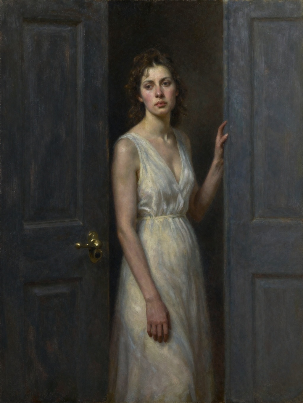 oil painting portrait of a beautiful model emerging from the shadow of a dark doorway on Tensor.Art