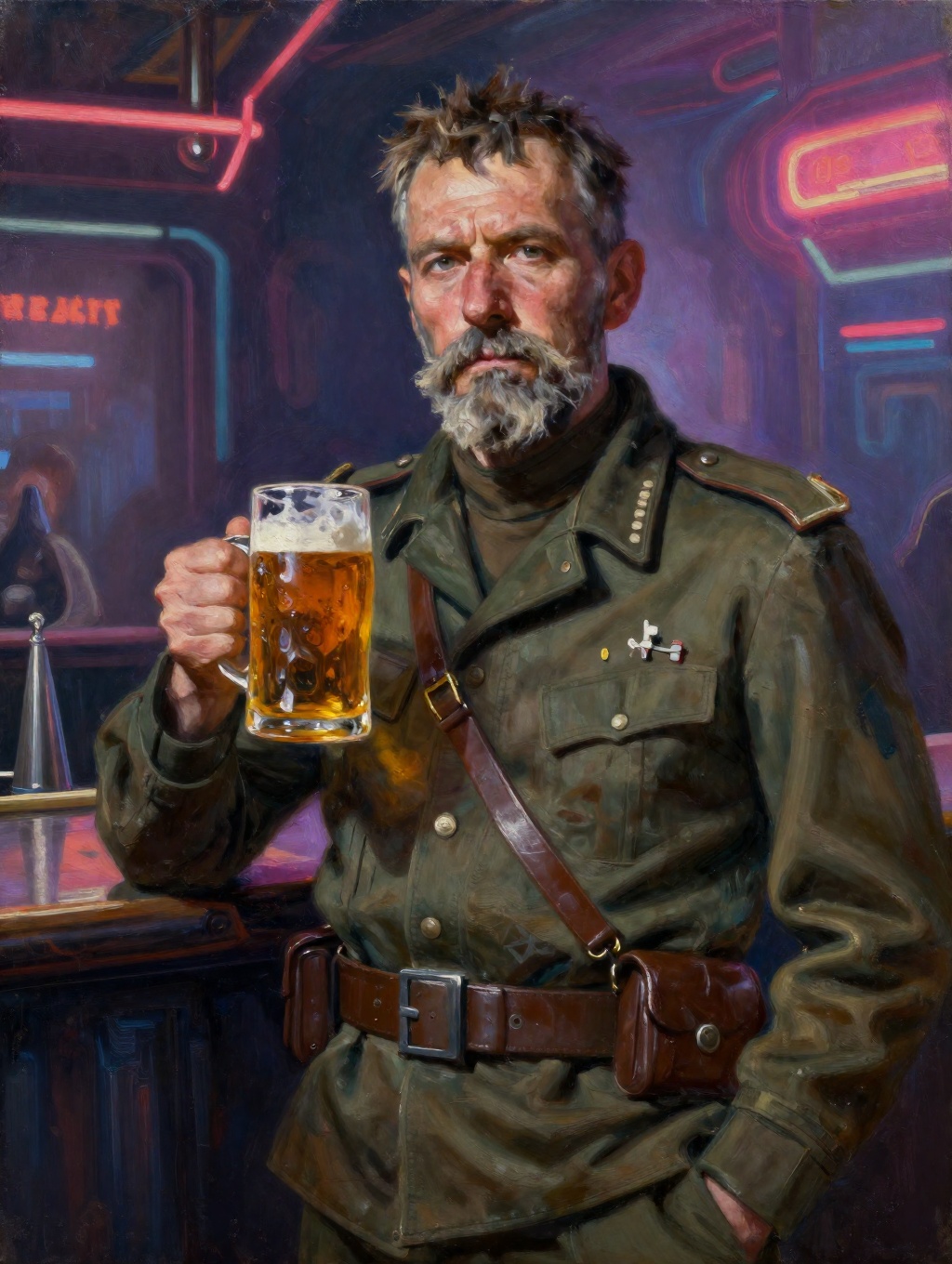 oil painting portrait of a futurism cyberpunk neon bar's cinematic light grizzled old man,  veteran former soldier,  with...