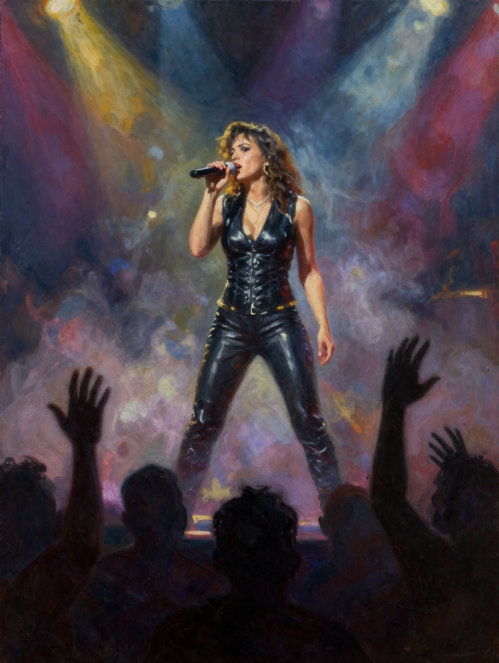 oil painting of a rock-and-roll female singer on stage with dramatic colorful lights and smoke with dark silhouettes of he...