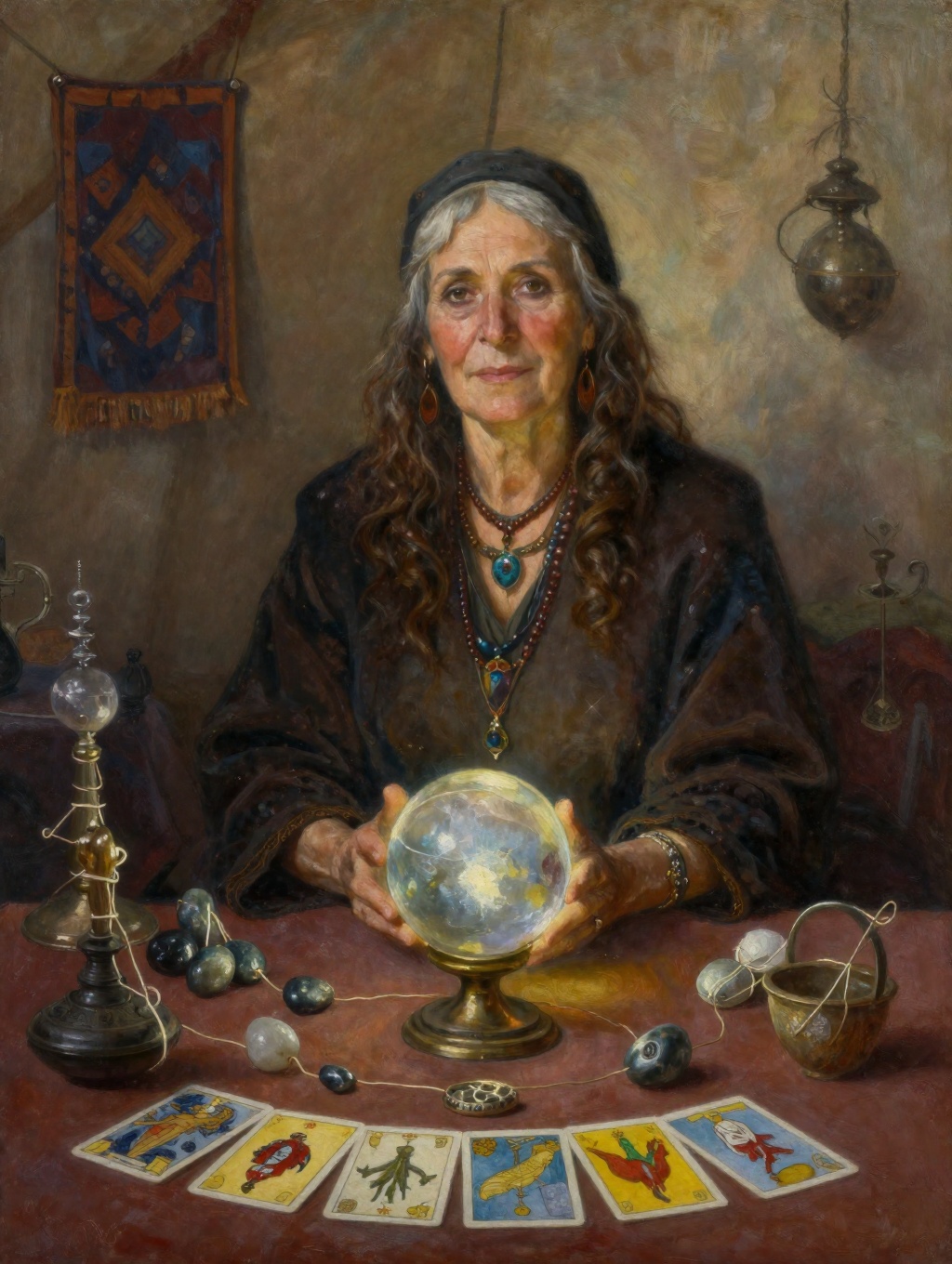 oil painting portrait of an older handsome gypsy woman sits behind a table strewn with scrying devices a glowing crystal b...