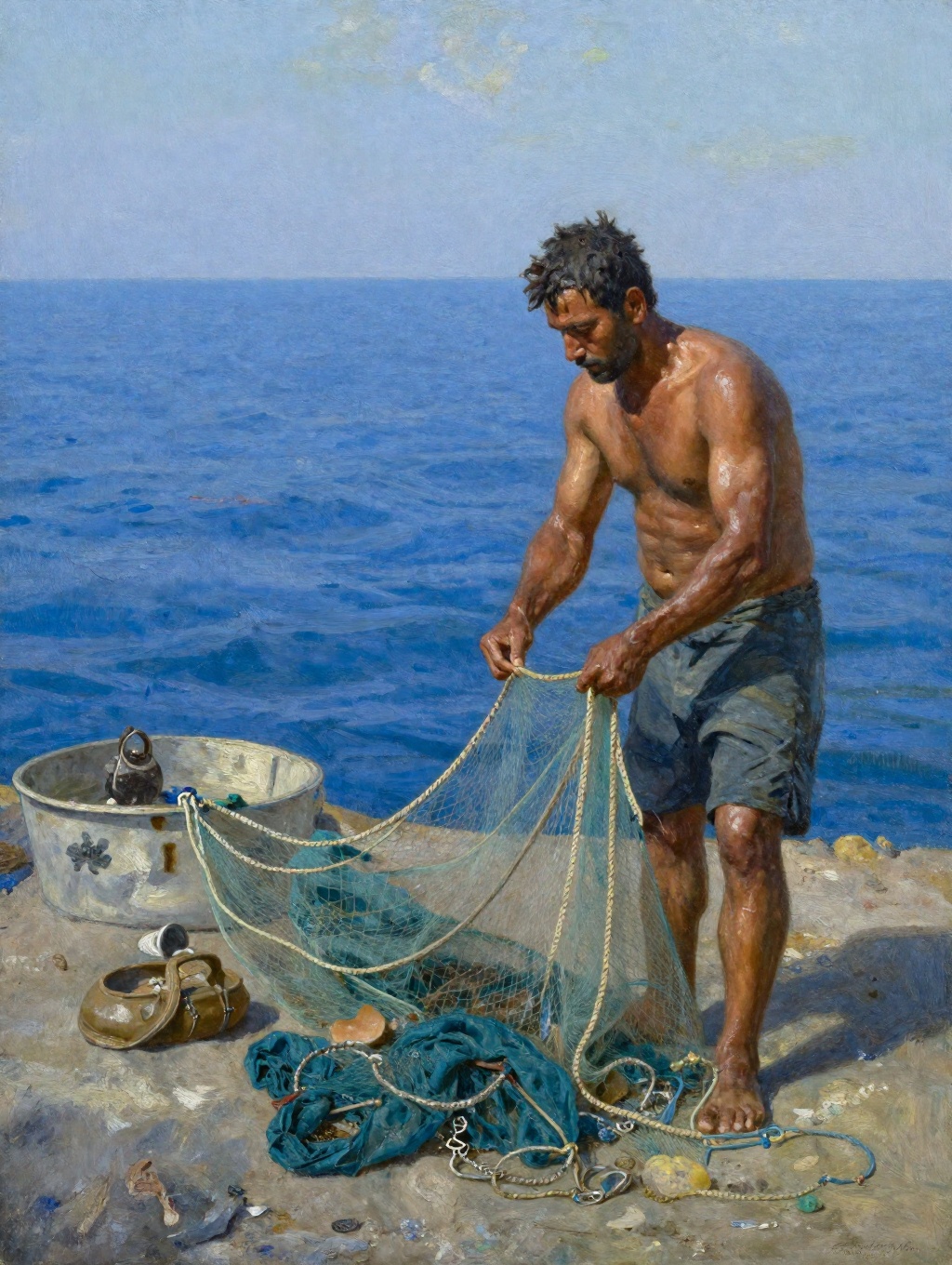 oil painting of a Greek fisherman mending his nets by the azure waters of the Mediterranean Sea on Tensor.Art