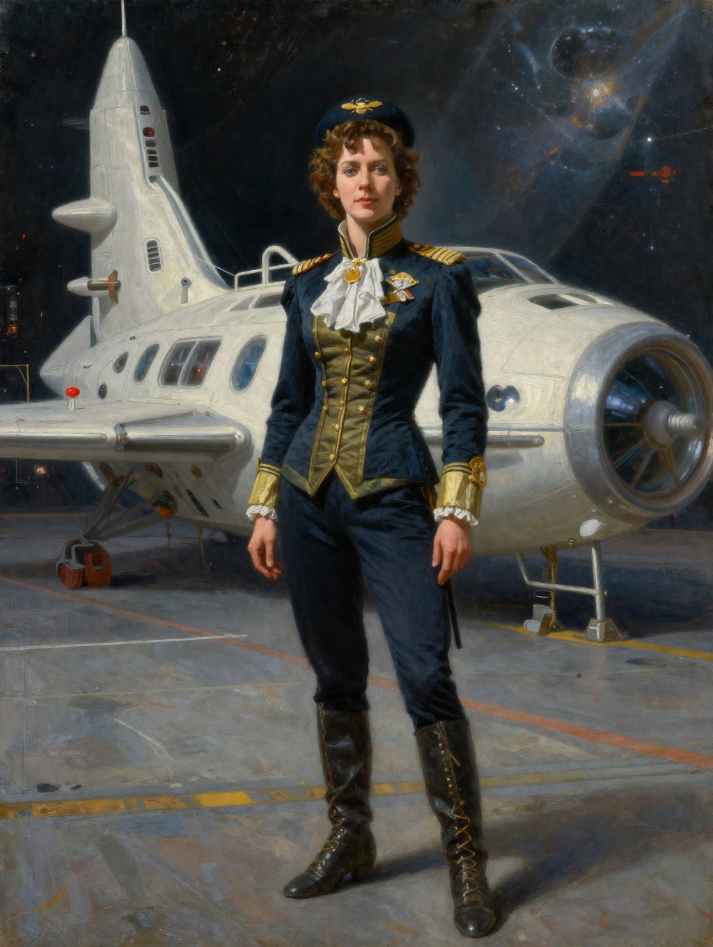 oil painting portrait of the female captain of a retro-futuristic space ship. She stands on the launch pad in front of her...