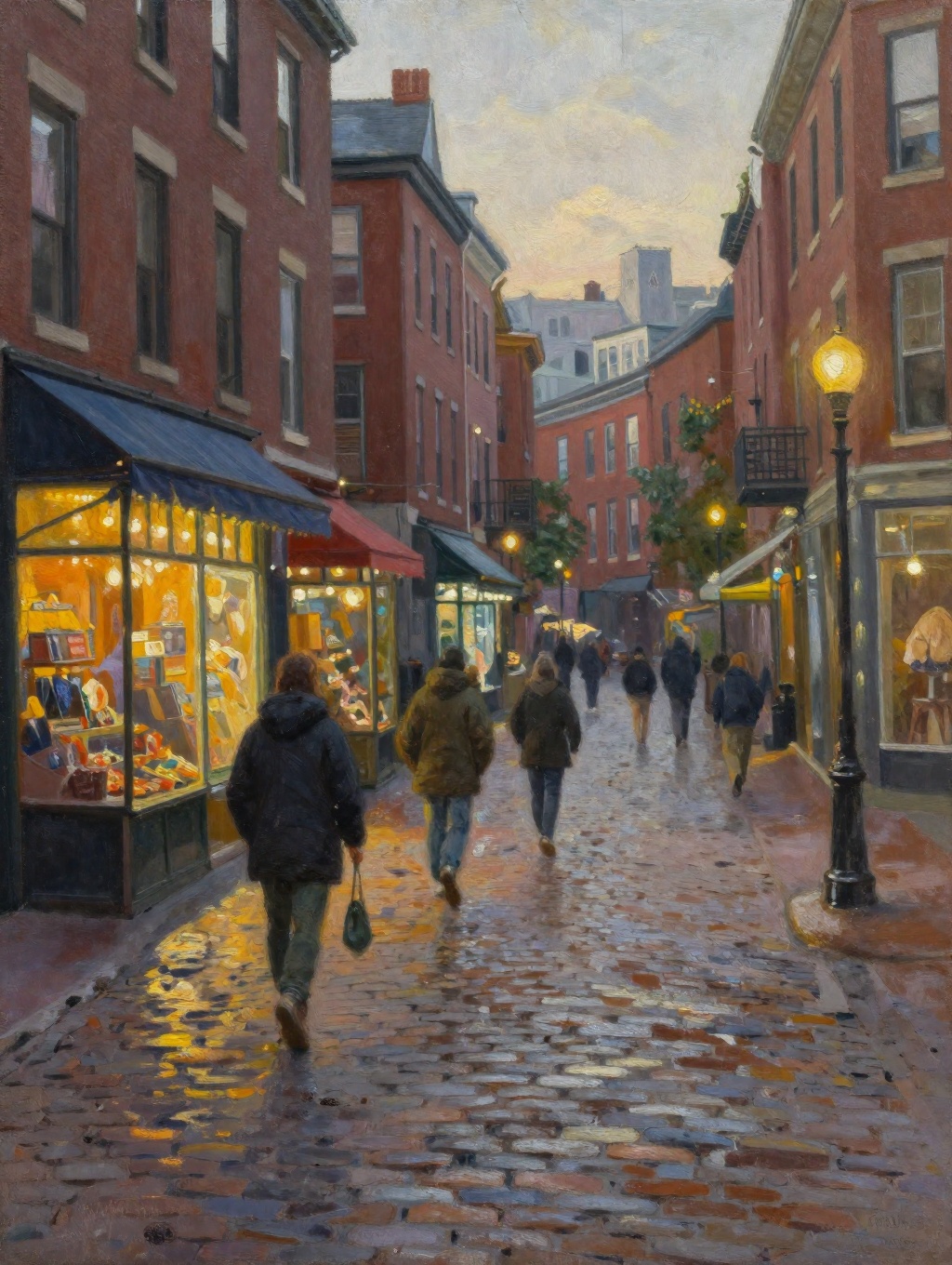 oil painting of contemporary Boston North End late afternoon shops and pedestrians shopping wet cobblestone streets warm e...