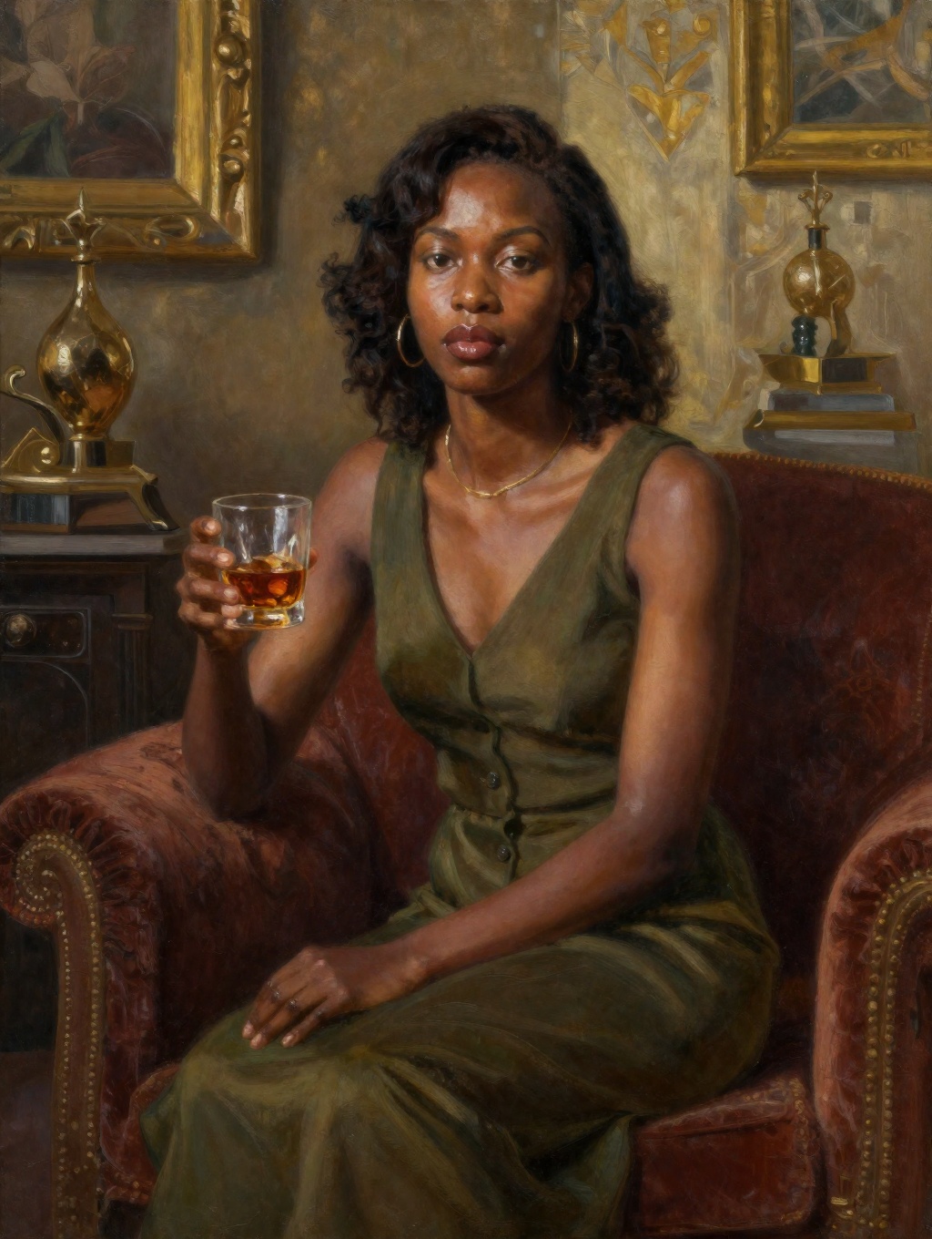 oil painting portrait of a beautiful African femal model with a glass of whisky indoor amongst rich furnishings and art de...