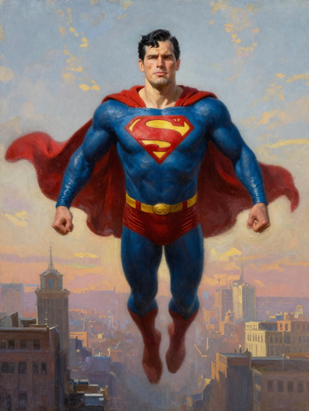 oil painting portrait of superman levitating in the sky above the city in the late afternoon. Front-facing majestic pose o...