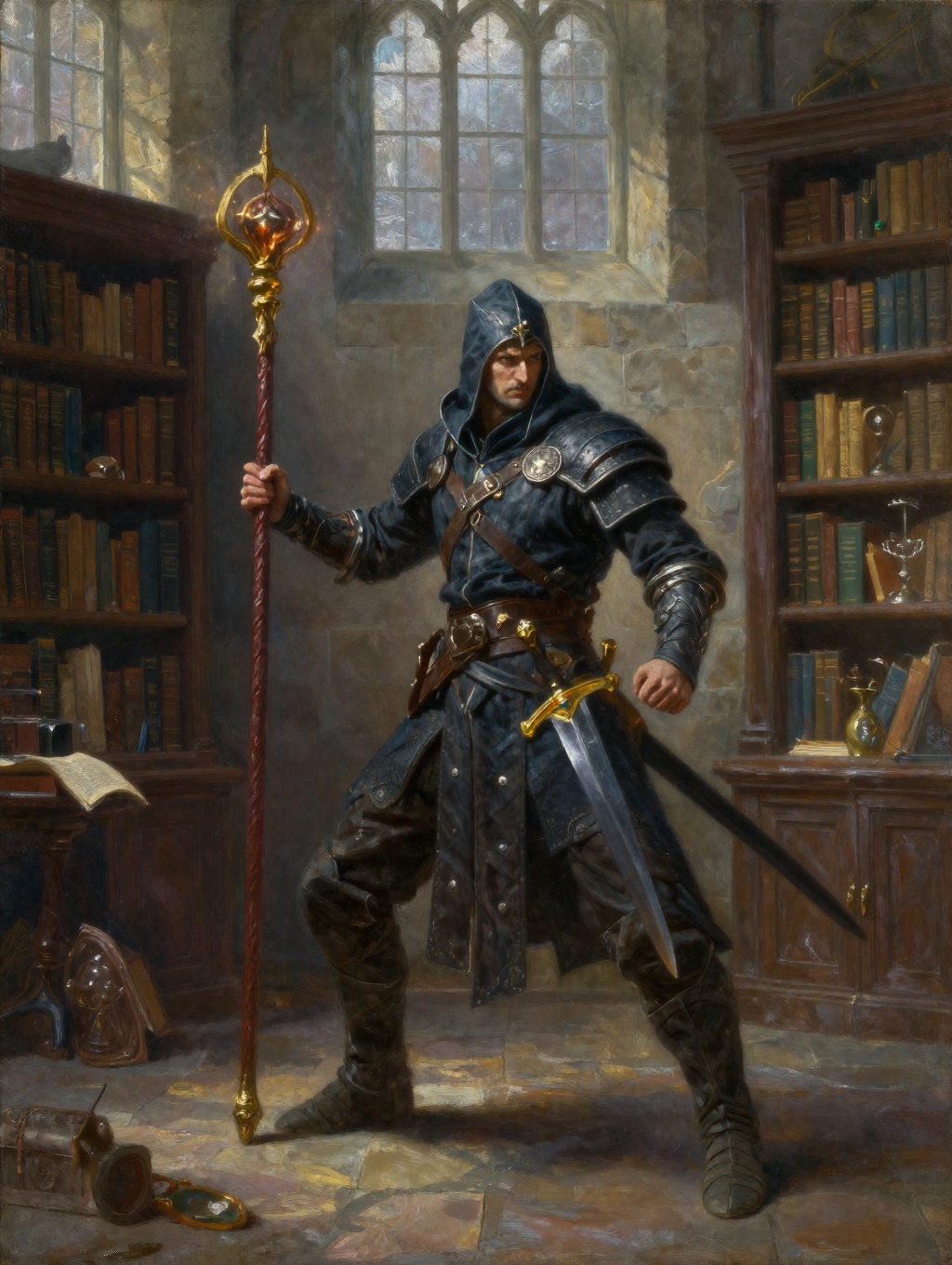 oil painting of a fantasy warrior wizard holding a staff and short sword with glowing magical energies dramatic pose stand...