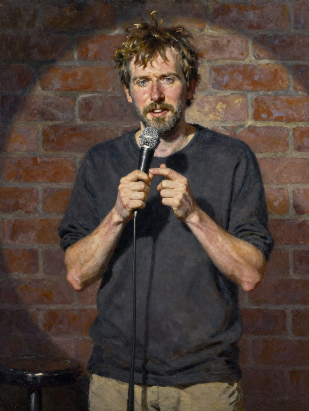 oil painting portrait of a French-Welsh-Irish comedian on stage holding a microphone under spot lighting in front of a bri...