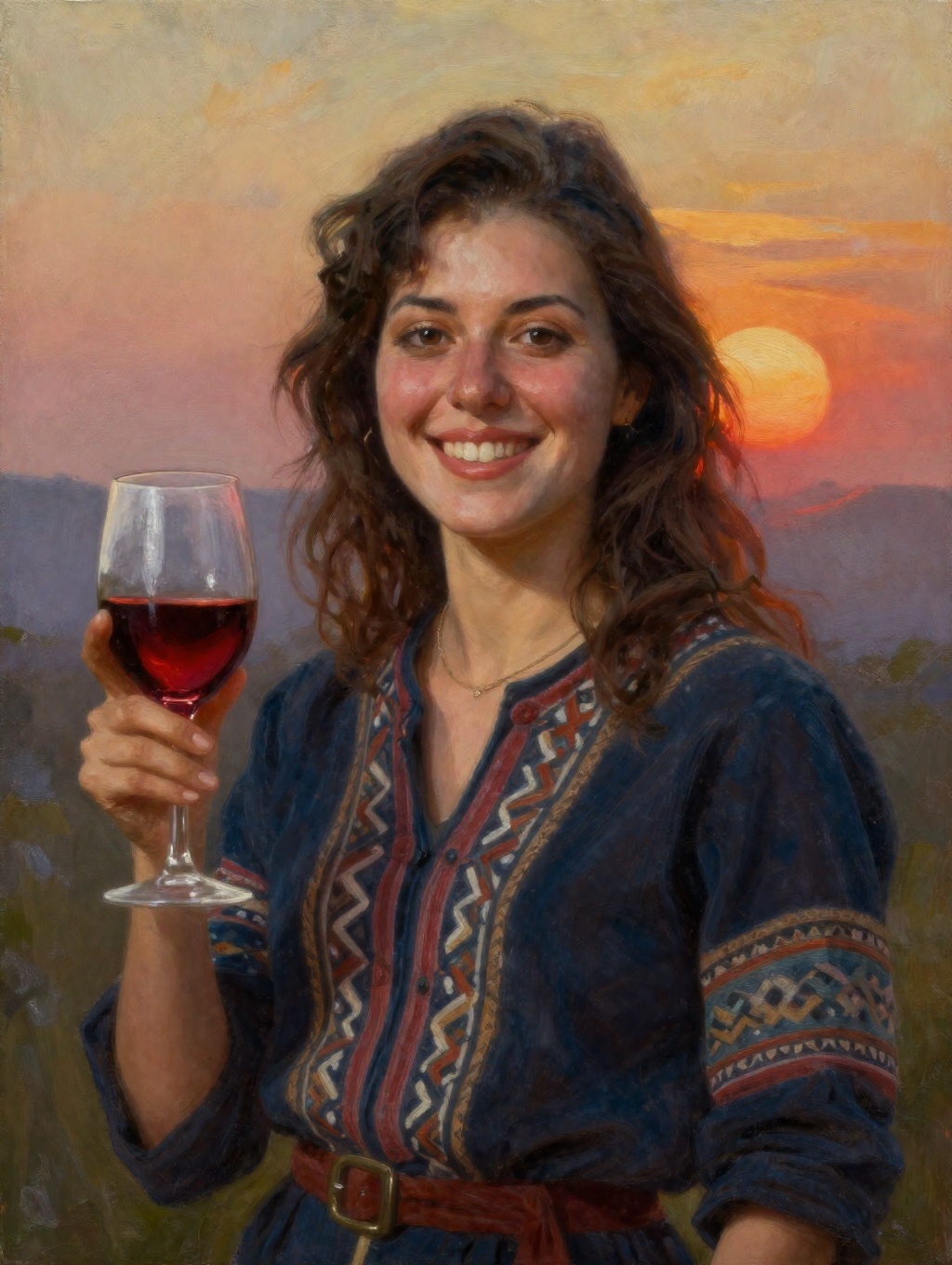 oil painting portrait of a beautiful and cheerful ethnic model with a glass of wine. Outdoor scene with a setting sun on T...