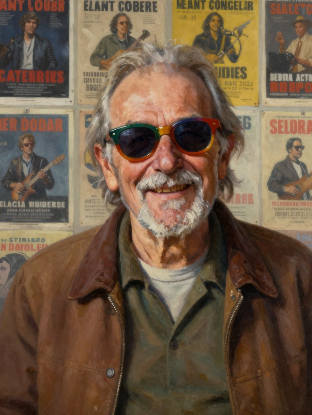 oil painting portrait of a cheerful bohemian old man with a goatee in multi-colored sunglasses and retro clothing backgrou...