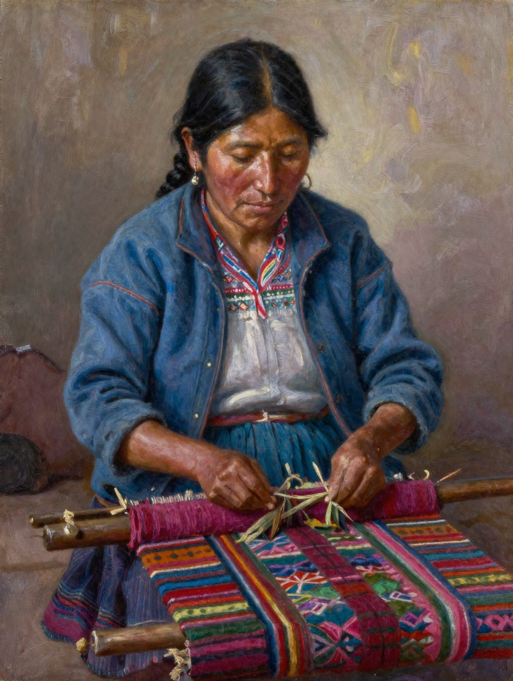 oil painting portrait of a weaver in Peru,  creating a colorful tapestry with traditional patterns in the Sacred Valley. D...