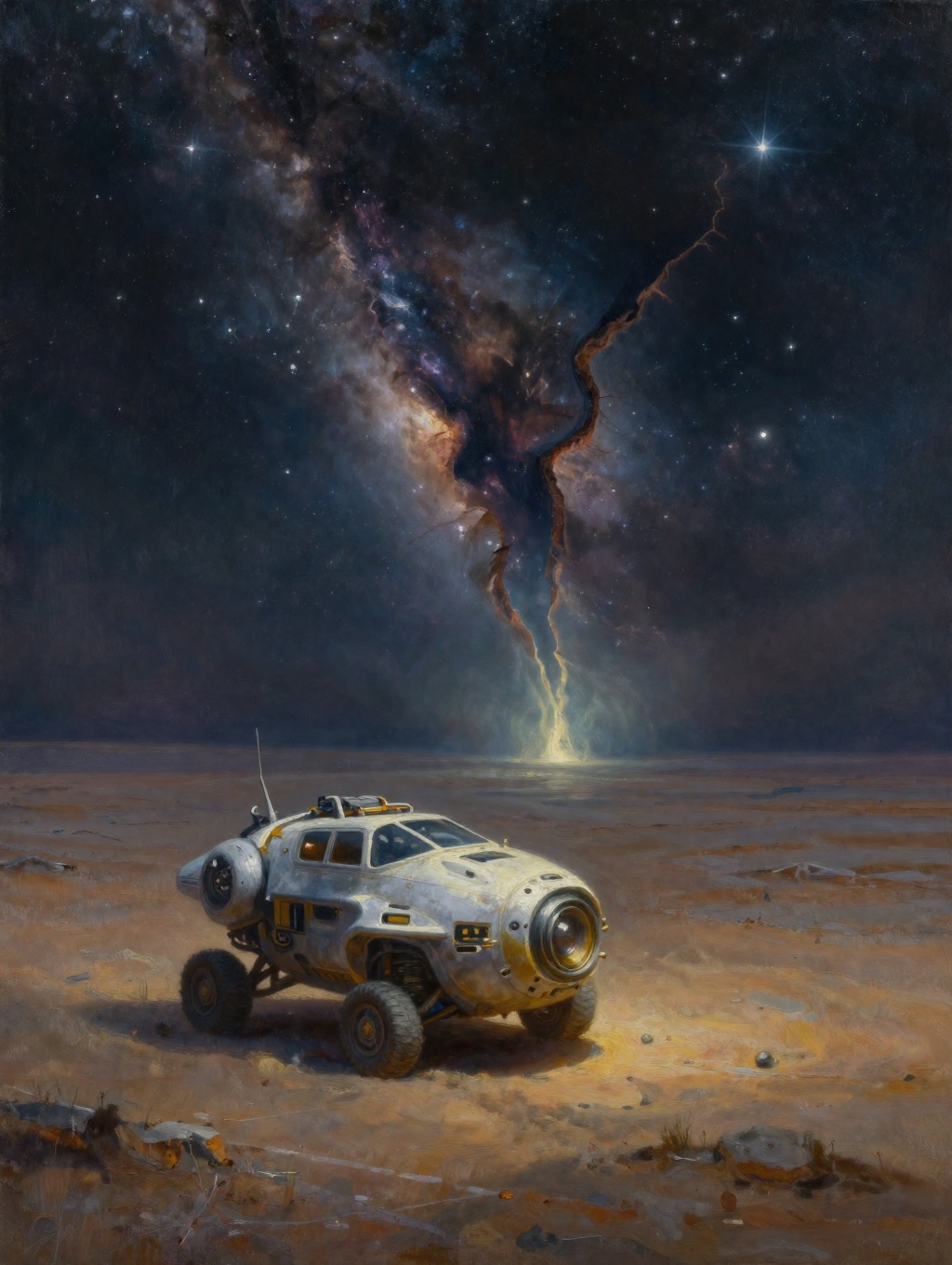 oil painting of a sci-fi research-explorer peculiar futuristic vehicle on a flat plain barren land under stars and nebulae...