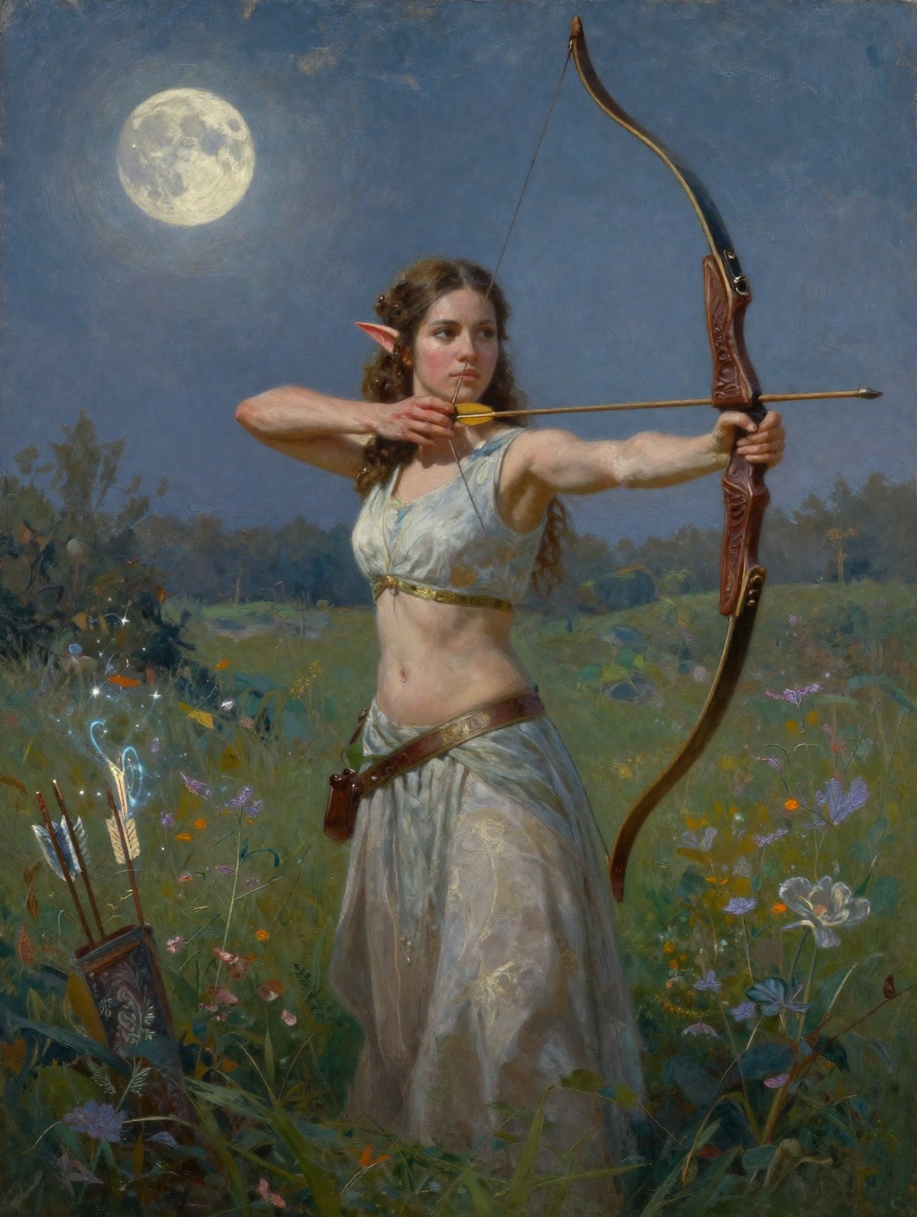 oil painting portrait of a graceful female archer elf in a moonlit meadow who takes aim with her enchanted bow. Her attire...