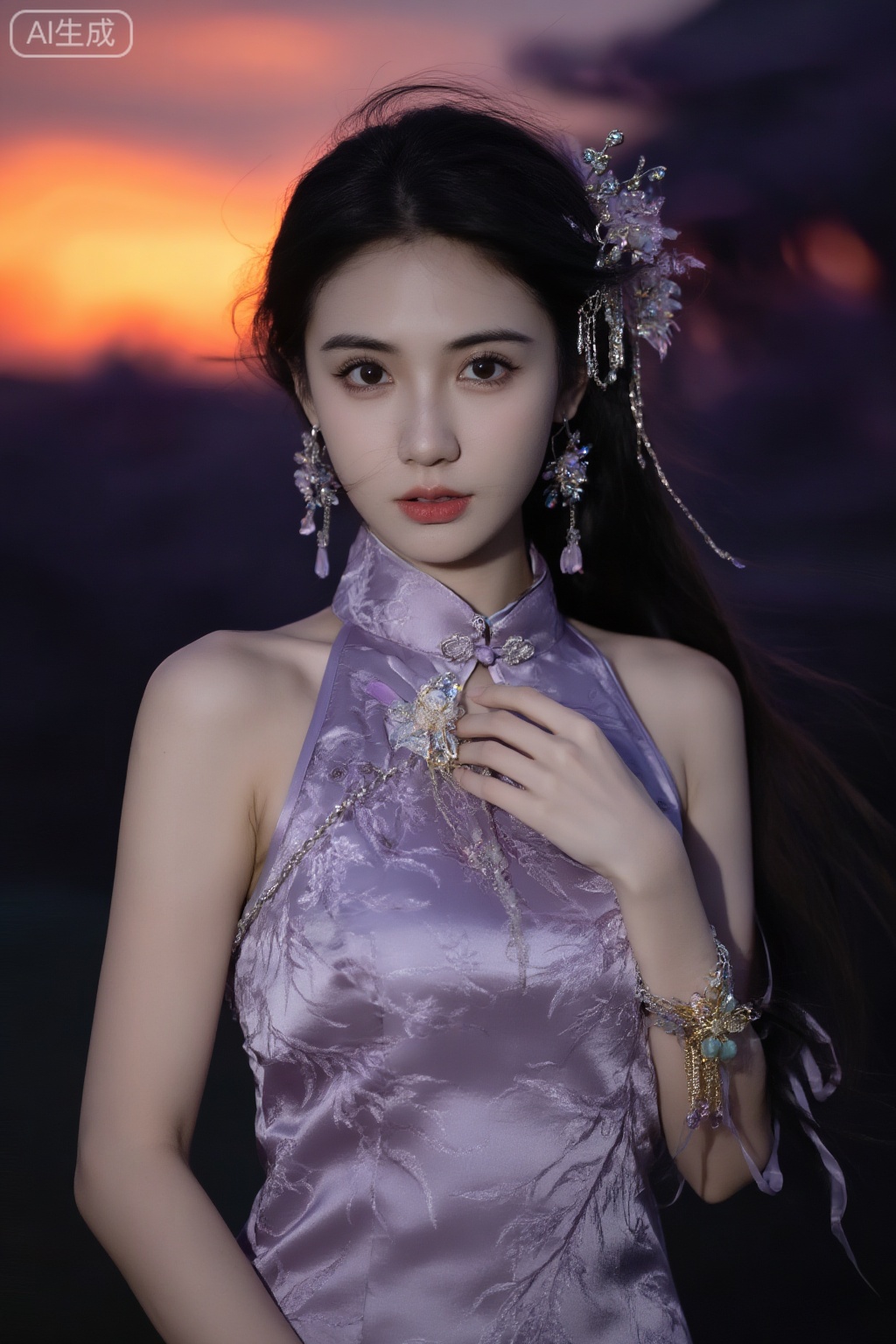 精美华丽的淡紫色旗袍装扮,长发,精美华丽的发饰,情绪氛围感拉满,慢快门,层次感,全身特写,手饰,正视前方镜头,背后是绚烂的晚霞,旗袍