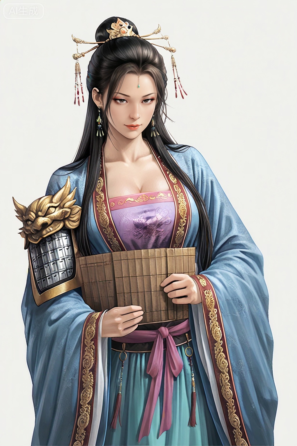 masterpiece, best quality,solo,white background,simple_background,sanguo_style,hanfu,breastplate,shoulder armor,jewelry,earrings,tassel,