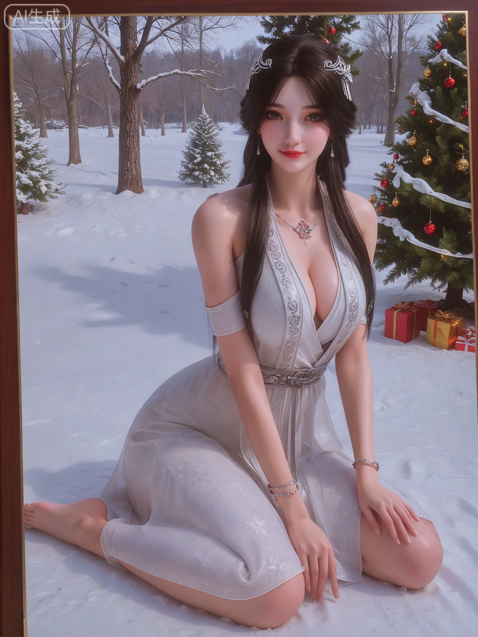 score_9,score_8_up,score_7_up,masterpiece,(best quality),(intricate details:0.9) BREAK (intricate details:0.9),(realistic skin:1.2),masterpiece,best quality,newest,absurdres,hiahres,1girl,jewelry,hair ornament,dress,necklace,lips,eyeshadow,bracelet,tassel,(8k ultra-clear, pony style),photo pose 0.6, micro-expression: soft smile 0.3, half-body + medium shot 0.7,1girl,looking_at_viewer,1boy,hair,realistic,photorealistic,Vivid Colors,bright environment,shiny skin,shiny hairjewelry,detail eyes,Eyes highlights,glowing,sunshine,bright,reflection,bright,sunshine on face,shiny,shinny,petite,thin,leg slimming,lose weight,slim hips,lakeside,delicate water,reflection,(full body:1.3)sitting_down,eyelashes,snow,Winter,Snowy landscape,Snow accumulation,Christmas tree,(huge breasts:1),black-hair,