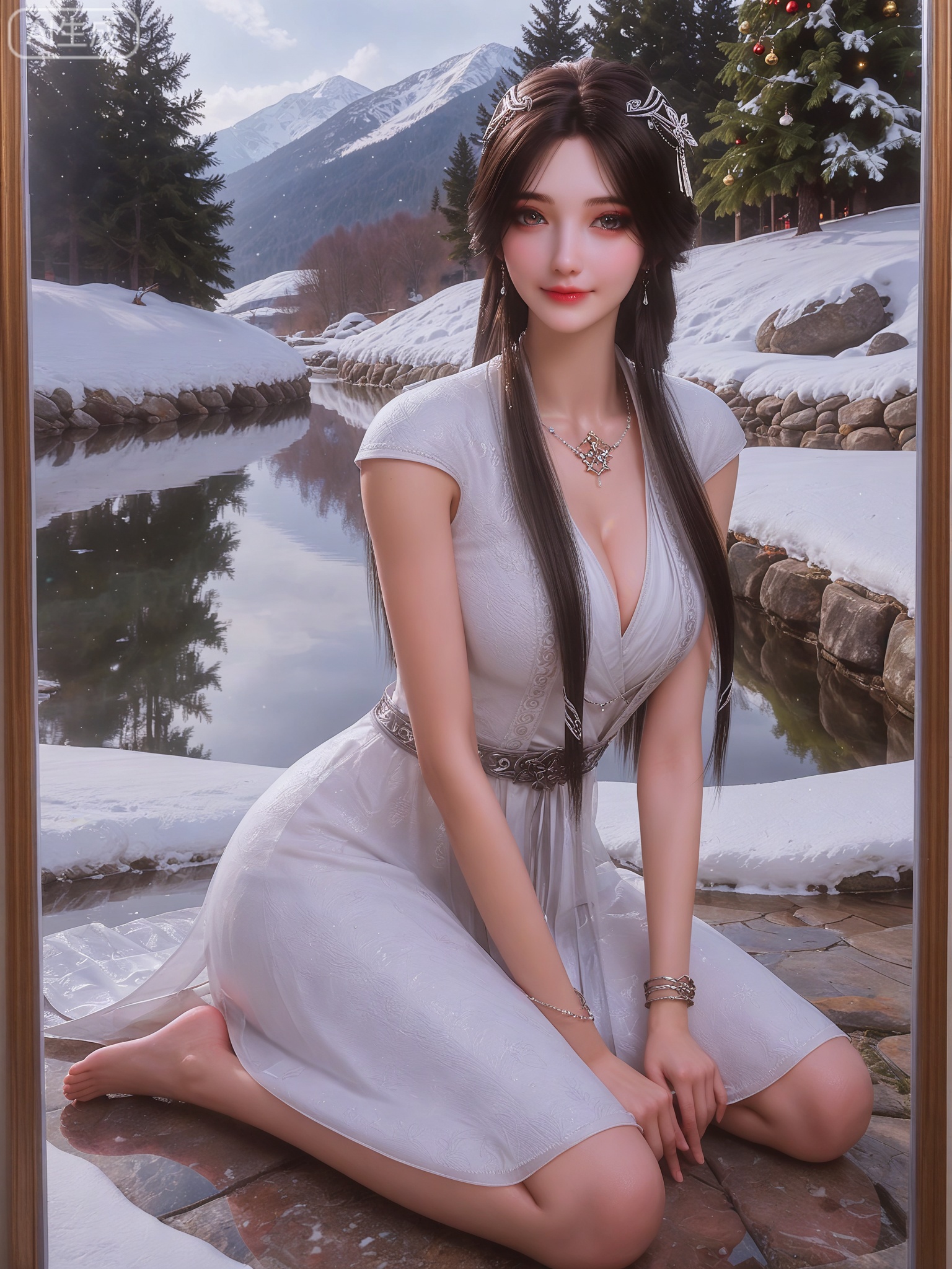 score_9,score_8_up,score_7_up,masterpiece,(best quality),(intricate details:0.9) BREAK (intricate details:0.9),(realistic skin:1.2),masterpiece,best quality,newest,absurdres,hiahres,1girl,jewelry,hair ornament,dress,necklace,lips,eyeshadow,bracelet,tassel,(8k ultra-clear, pony style),photo pose 0.6, micro-expression: soft smile 0.3, half-body + medium shot 0.7,1girl,looking_at_viewer,1boy,hair,realistic,photorealistic,Vivid Colors,bright environment,shiny skin,shiny hairjewelry,detail eyes,Eyes highlights,glowing,sunshine,bright,reflection,bright,sunshine on face,shiny,shinny,petite,thin,leg slimming,lose weight,slim hips,lakeside,delicate water,reflection,(full body:1.3)sitting_down,eyelashes,snow,Winter,Snowy landscape,Snow accumulation,Christmas tree,(huge breasts:1),black-hair,